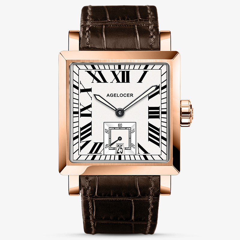 Agelocer Codex Square rose gold case with white Roman dial on a dark brown leather strap