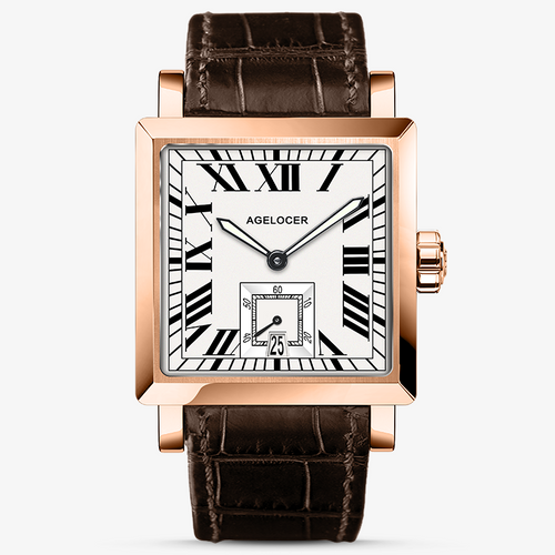 Agelocer Codex Square rose gold case with white Roman dial on a dark brown leather strap
