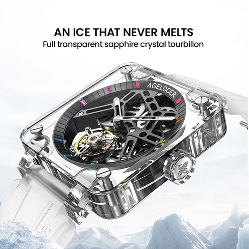 Agelocer crystal tourbillon watch, full transparent sapphire crystal case, black skeleton movement, design feature
