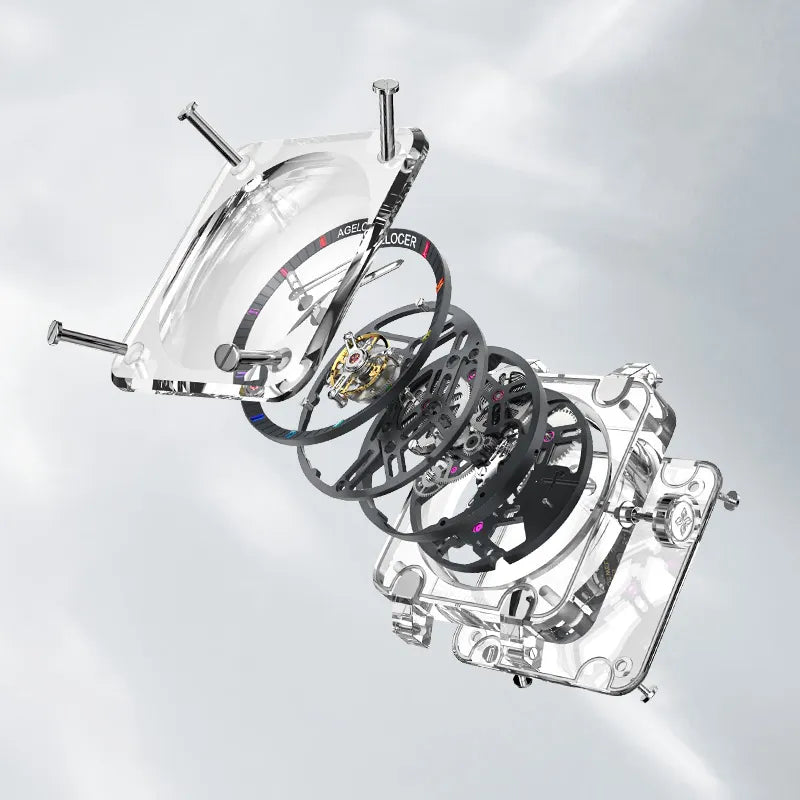 Exploded view of Agelocer transparent crystal square tourbillon watch showing case, dial rings and movement