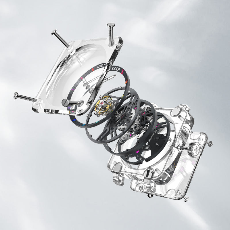 Exploded view of Agelocer transparent crystal square tourbillon watch showing case, dial rings and movement