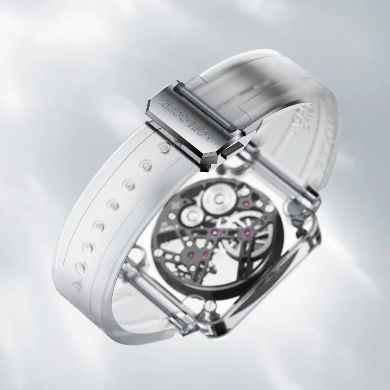 Agelocer crystal tourbillon watch white rubber strap with signature buckle, close-up detail