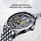 Agelocer Schwarzwald double-sided skeleton watch inspired by baroque art carvings, steel bracelet, angled view