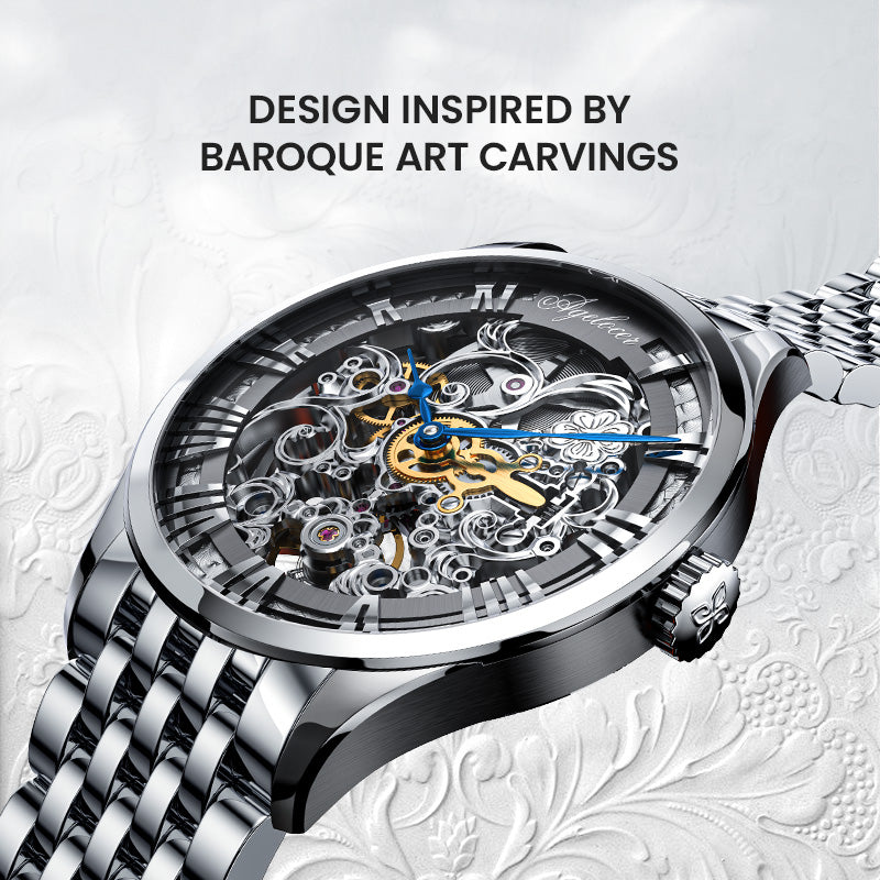 Agelocer Schwarzwald double-sided skeleton watch inspired by baroque art carvings, steel bracelet, angled view