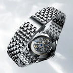 Agelocer Schwarzwald double-sided skeleton watch stainless steel bracelet with folding clasp, detail