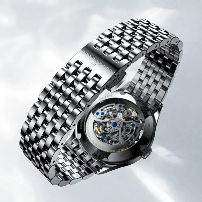 Agelocer Schwarzwald double-sided skeleton watch stainless steel bracelet with folding clasp, detail