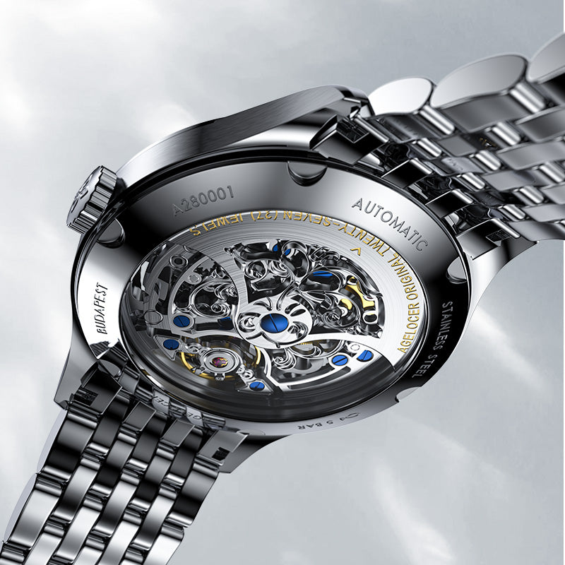 Caseback of Agelocer Schwarzwald double-sided skeleton automatic watch, 27 jewels and stainless steel case