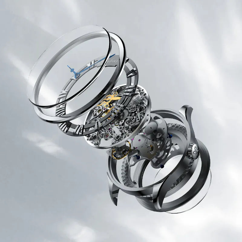 Exploded view of Agelocer Schwarzwald double-sided skeleton watch crystal, dial and movement