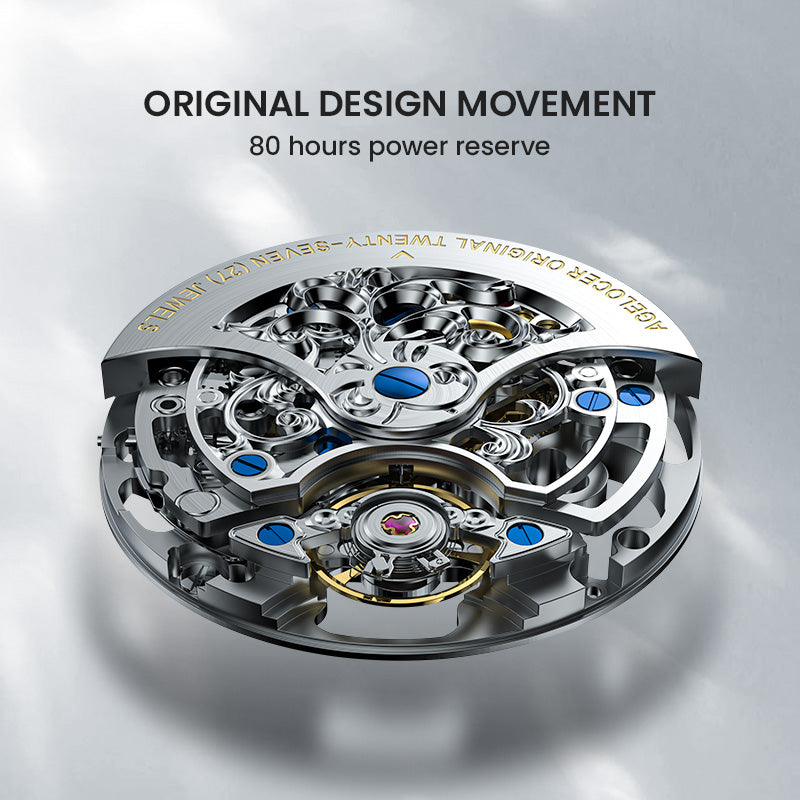 Agelocer original skeleton movement with 80-hour power reserve and 27 jewels, close-up detail