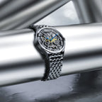 Agelocer Schwarzwald double-sided skeleton watch with steel bracelet on polished steel bars, lifestyle