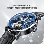 Agelocer flying tourbillon watch inspired by modern architecture, blue skeleton dial and steel case, angled view