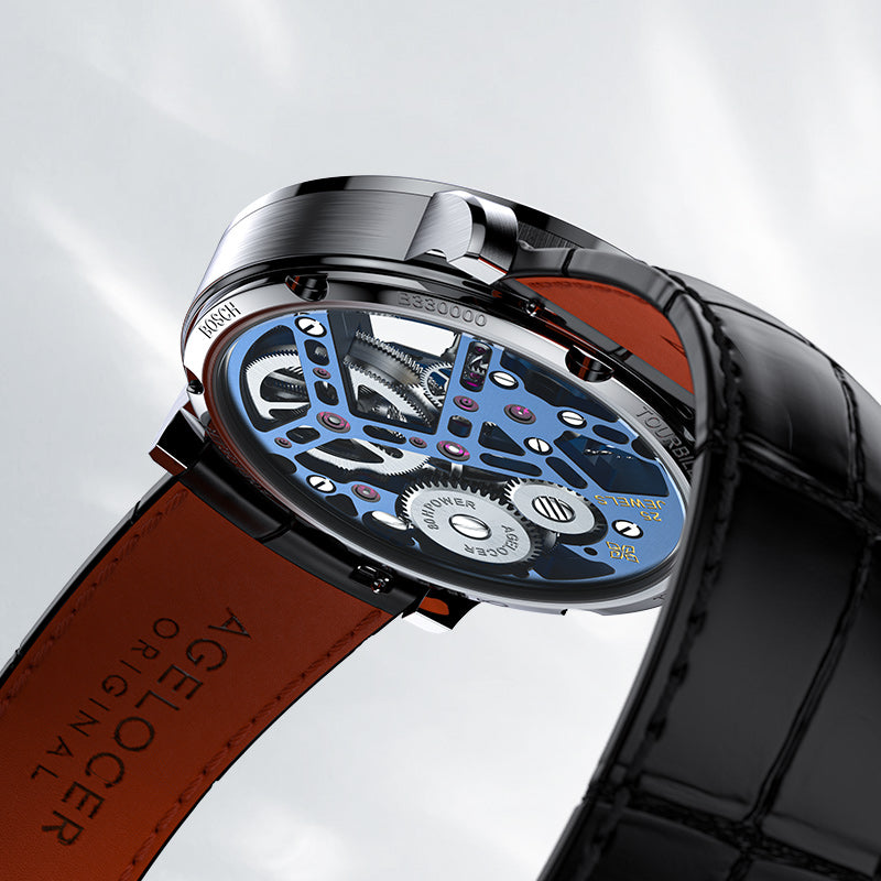 Side profile of Agelocer flying tourbillon watch showing blue skeleton movement and black leather strap