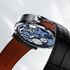 Side profile of Agelocer flying tourbillon watch showing blue skeleton movement and black leather strap