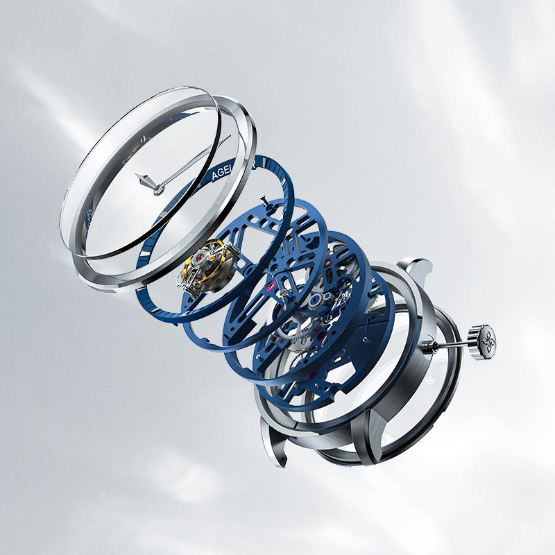 Exploded view of Agelocer flying tourbillon watch showing crystal, blue skeleton movement and steel case