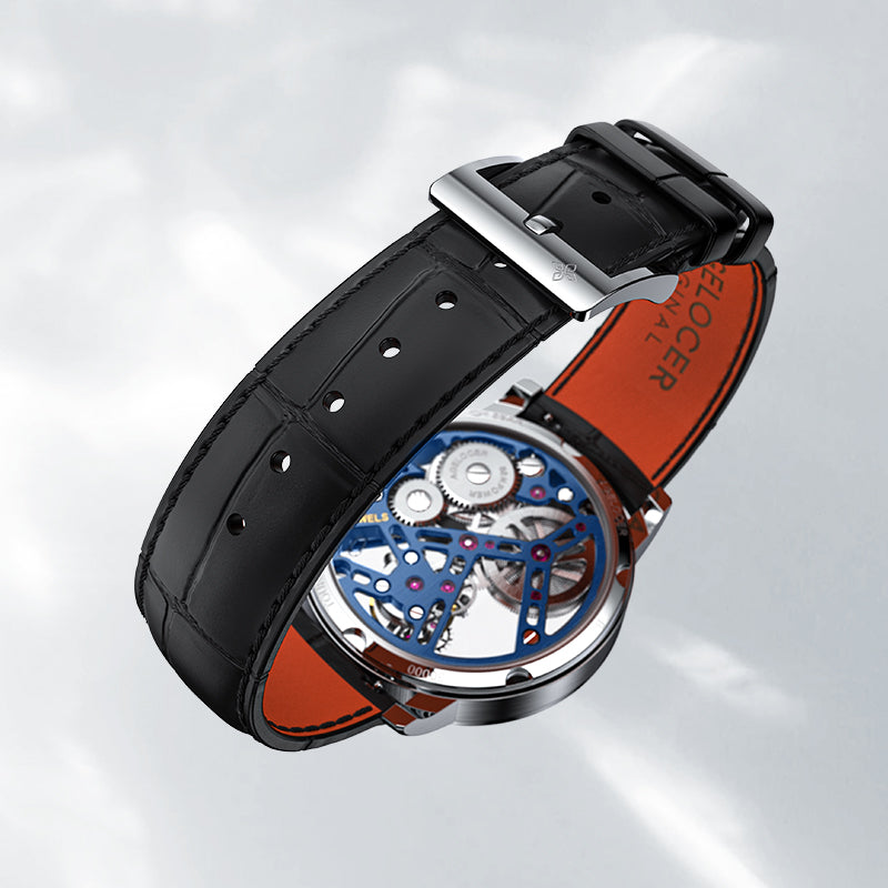 Agelocer flying tourbillon watch black leather strap with signature buckle and orange lining, close-up detail