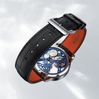 Agelocer flying tourbillon watch black leather strap with signature buckle and orange lining, close-up detail