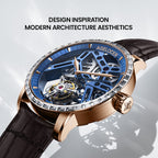 Agelocer free-sprung diamond tourbillon watch inspired by modern architecture, rose gold case, blue dial, angled
