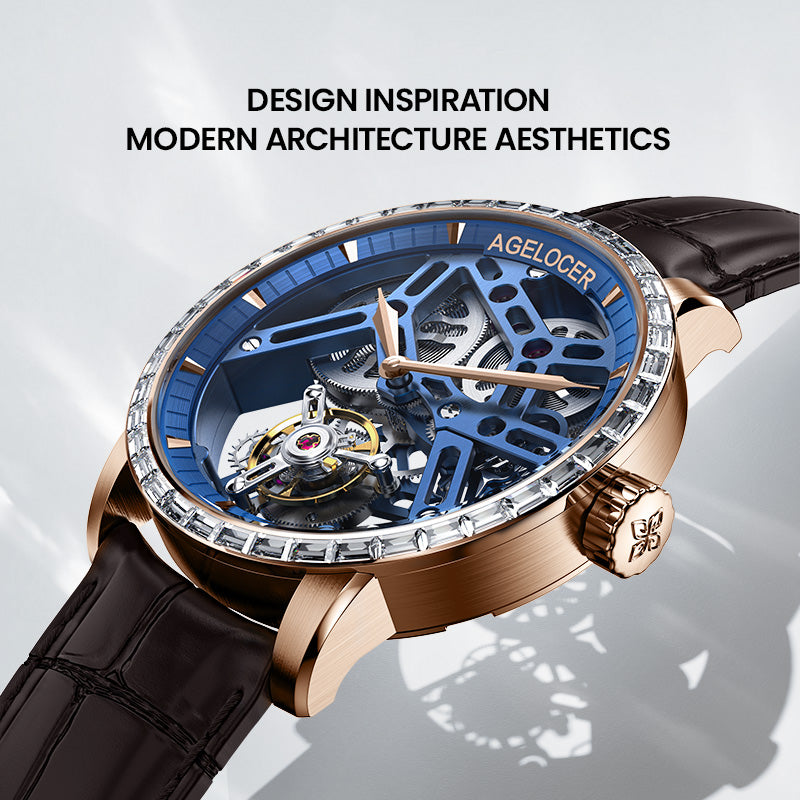 Agelocer free-sprung diamond tourbillon watch inspired by modern architecture, rose gold case, blue dial, angled