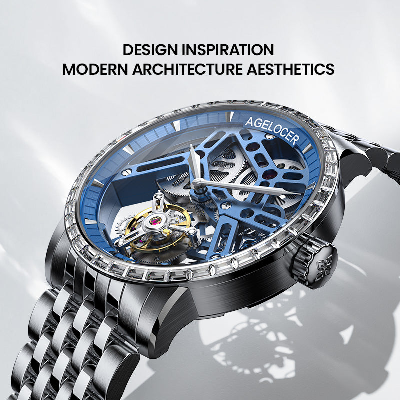 Agelocer Free-Sprung diamond tourbillon watch inspired by modern architecture, blue dial and steel bracelet, angled