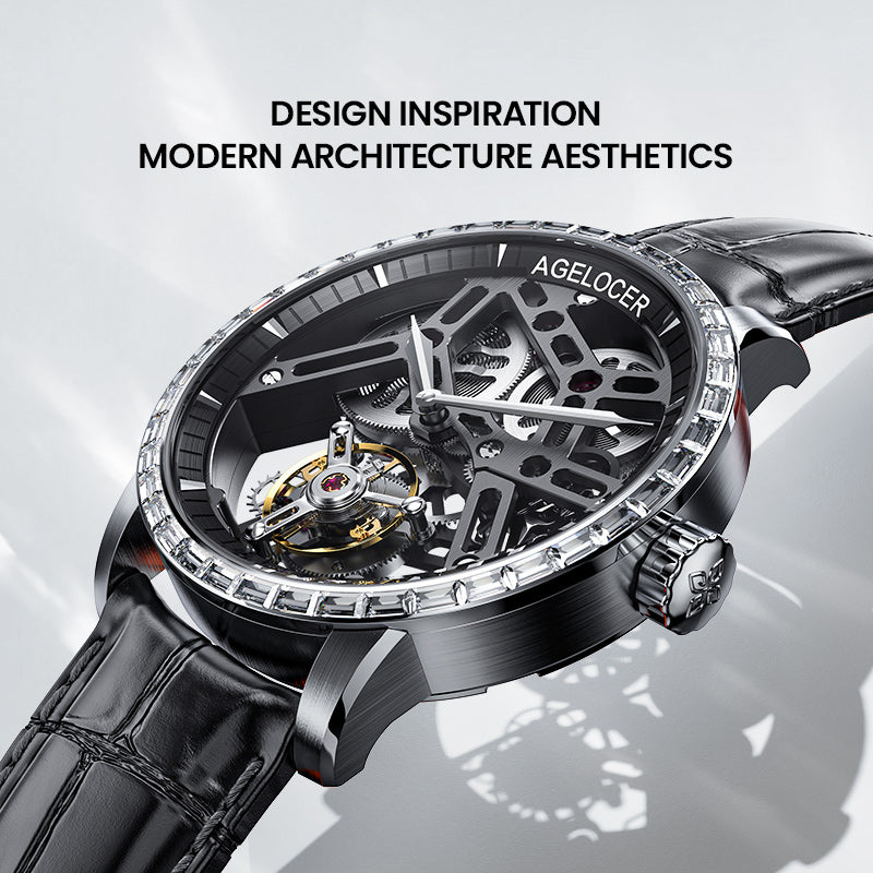 Agelocer free-sprung diamond tourbillon watch inspired by modern architecture, black skeleton dial, angled view