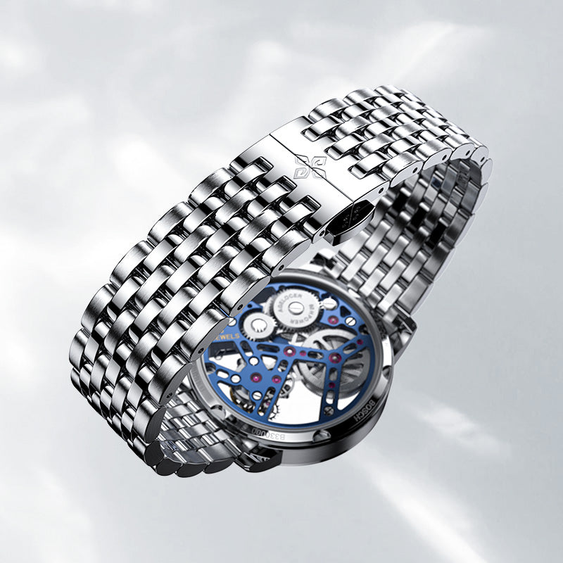 Agelocer Free-Sprung diamond tourbillon watch steel bracelet with signed folding clasp, detail view