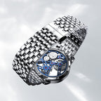 Agelocer Free-Sprung diamond tourbillon watch steel bracelet with signed folding clasp, detail view
