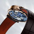 Caseback of Agelocer free-sprung diamond tourbillon watch, rose gold case, 25 jewels, orange-lined brown leather