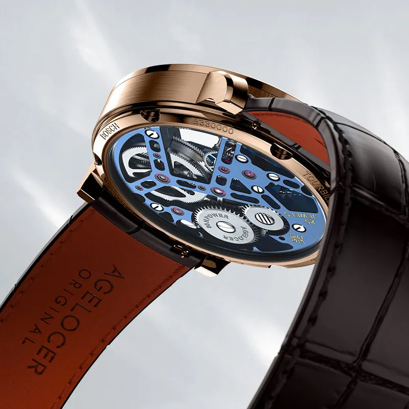 Caseback of Agelocer free-sprung diamond tourbillon watch, rose gold case, 25 jewels, orange-lined brown leather