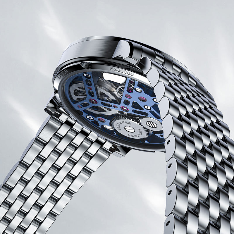 Caseback of Agelocer Free-Sprung diamond tourbillon watch showing steel case and steel bracelet, close-up