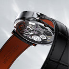 Caseback of Agelocer free-sprung diamond tourbillon watch showing 25 jewels and tourbillon, black leather strap