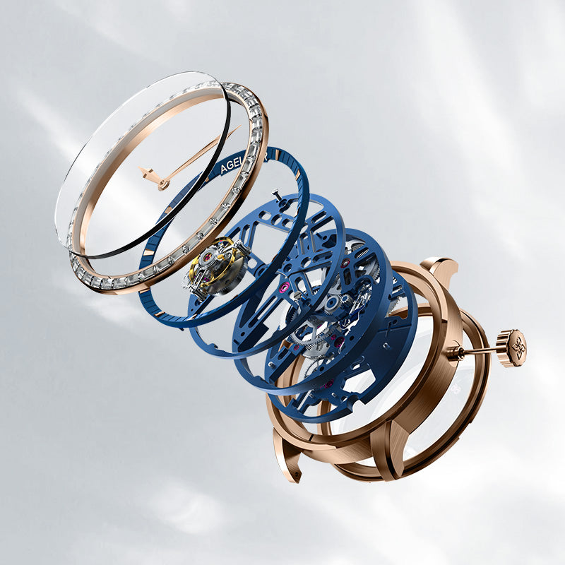 Exploded view of Agelocer free-sprung diamond tourbillon watch showing rose gold case, diamond bezel and movement