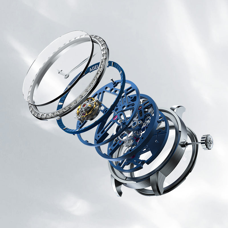 Exploded view of Agelocer Free-Sprung diamond tourbillon watch showing crystal, diamond bezel and blue movement