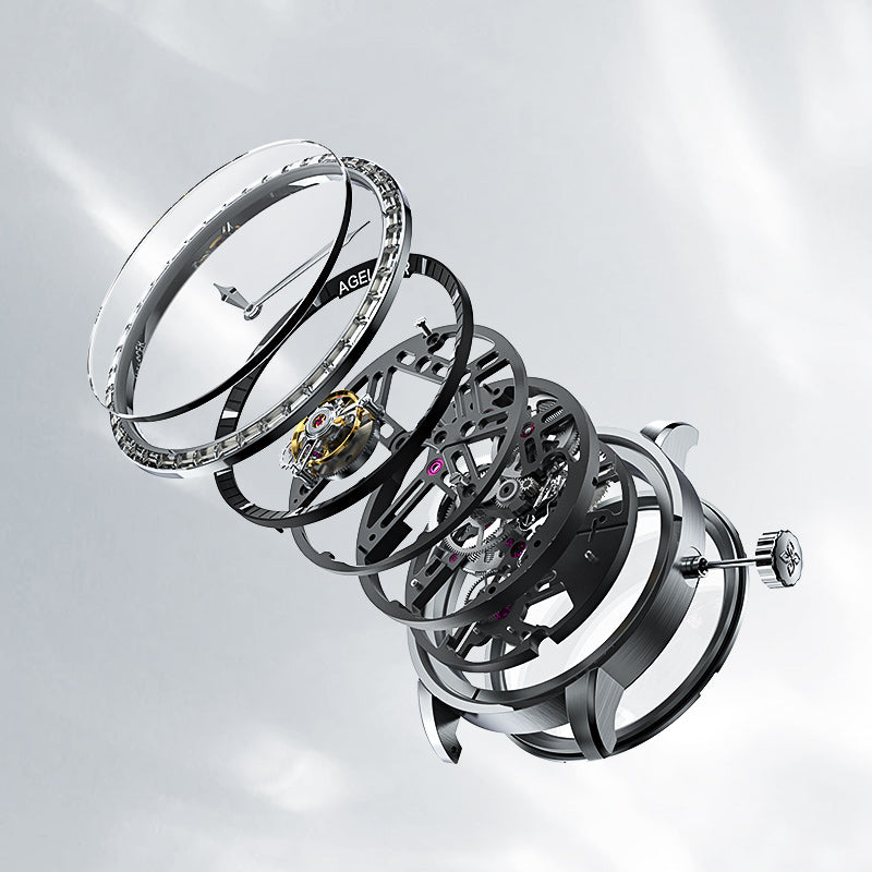 Exploded view of Agelocer free-sprung diamond tourbillon watch showing crystal, diamond bezel and movement