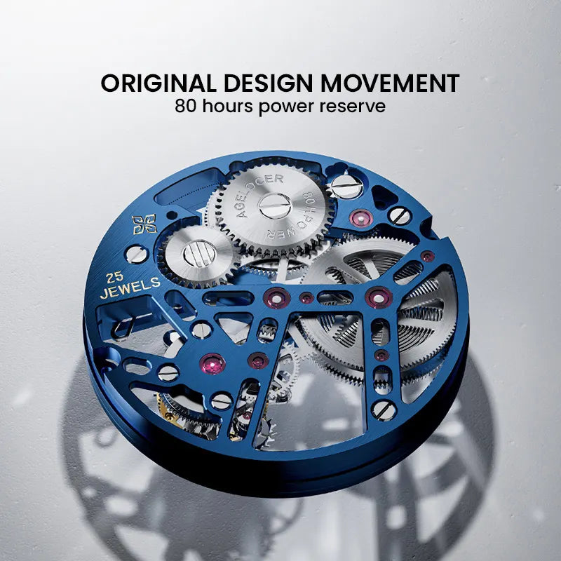 Agelocer original free-sprung tourbillon movement with 80-hour power reserve and 25 jewels, blue bridges