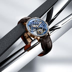 Agelocer free-sprung diamond tourbillon watch, rose gold case and blue dial, close-up product shot