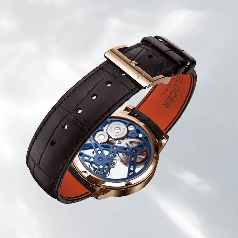 Agelocer free-sprung diamond tourbillon watch brown leather strap with rose gold signature buckle, detail