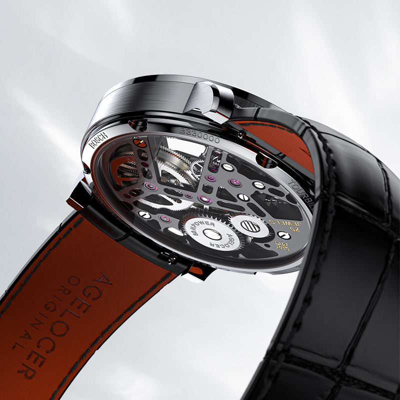 Caseback of Agelocer flying tourbillon watch showing 25 jewels and 80-hour power reserve, tourbillon movement