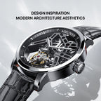 Agelocer free-sprung flying tourbillon watch, steel case angled to show the architectural skeleton movement