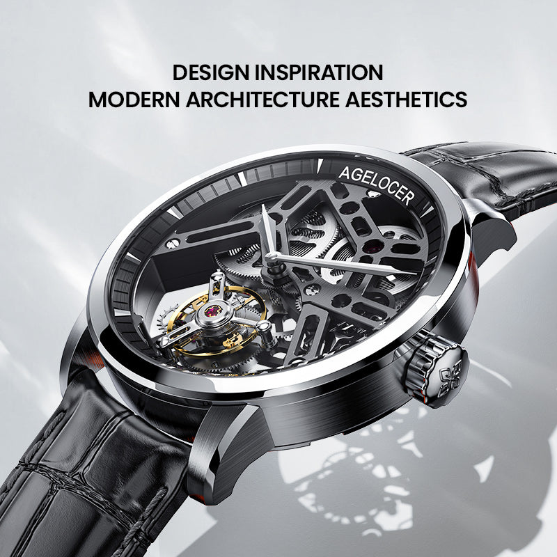 Agelocer free-sprung flying tourbillon watch, steel case angled to show the architectural skeleton movement