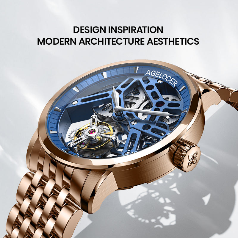 Agelocer Free-Sprung skeleton tourbillon watch inspired by modern architecture, blue dial and rose gold case, angled