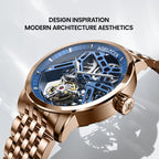 Agelocer Free-Sprung skeleton tourbillon watch inspired by modern architecture, blue dial and rose gold case, angled
