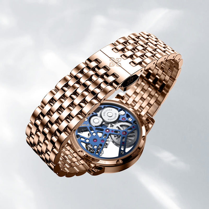 Agelocer Free-Sprung skeleton tourbillon watch rose gold steel bracelet with signed folding clasp, detail view