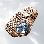 Agelocer Free-Sprung skeleton tourbillon watch rose gold steel bracelet with signed folding clasp, detail view