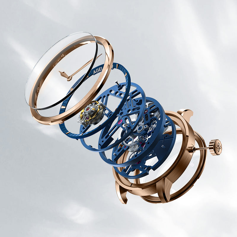 Exploded view of Agelocer Free-Sprung skeleton tourbillon watch showing crystal, blue dial and movement