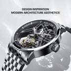 Agelocer flying tourbillon skeleton watch with steel bracelet, angled to show the architectural movement