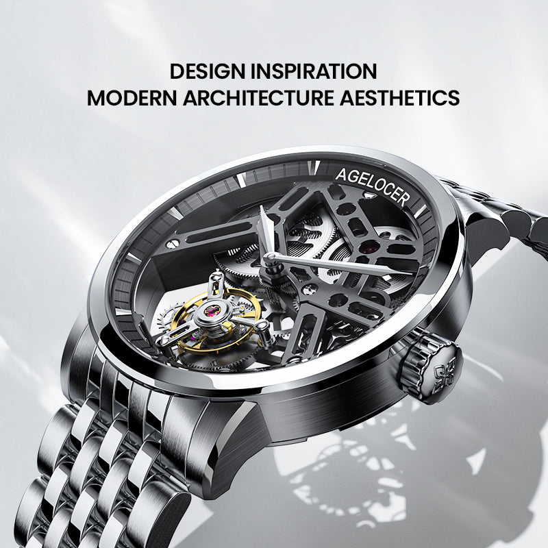 Agelocer flying tourbillon skeleton watch with steel bracelet, angled to show the architectural movement