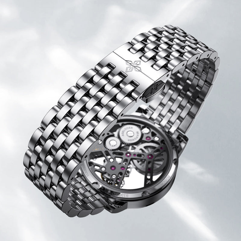 Agelocer flying tourbillon watch stainless steel bracelet with signature folding clasp, close-up detail