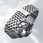 Agelocer flying tourbillon watch stainless steel bracelet with signature folding clasp, close-up detail