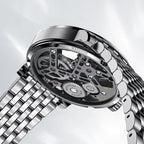 Caseback of Agelocer flying tourbillon watch showing 25 jewels and 80-hour power reserve, steel bracelet
