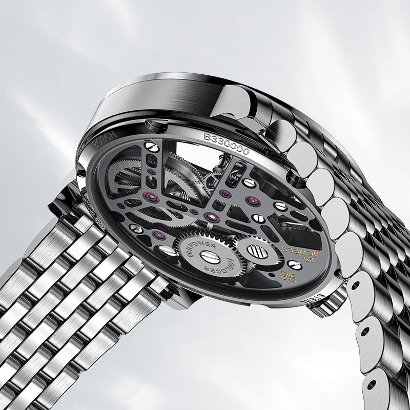 Caseback of Agelocer flying tourbillon watch showing 25 jewels and 80-hour power reserve, steel bracelet